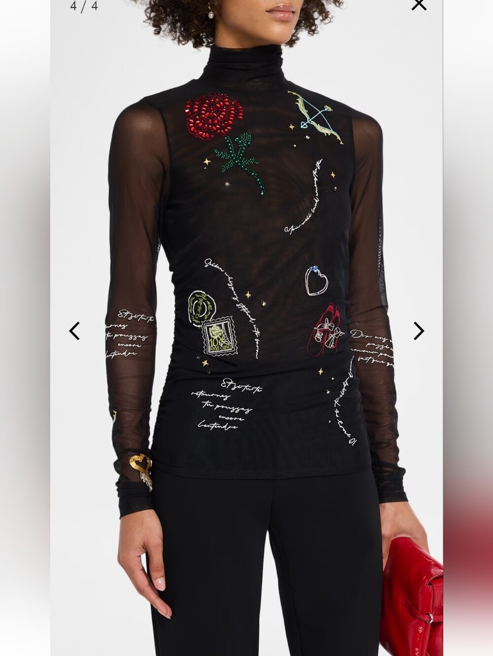 Cinq A Sept, New Black Sheer Embroidered Turtleneck Long-Sleeve Top - Black